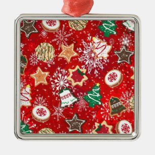 Christmas Cookies and Snowflakes on Red Metal Ornament