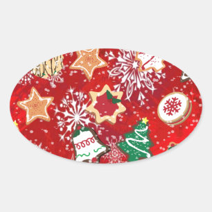 Christmas Cookies and Snowflakes on Red Oval Sticker