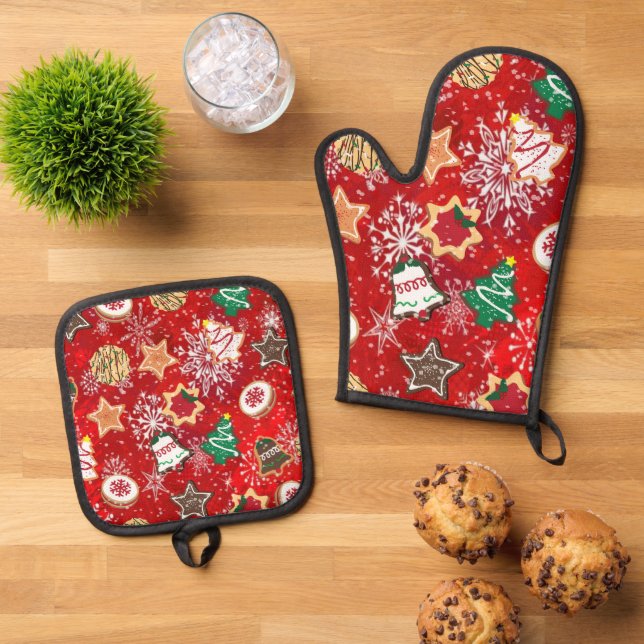 Christmas Cookies and Snowflakes on Red Oven Mitt & Pot Holder Set (Top Down)
