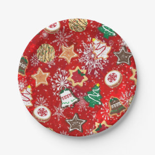Christmas Cookies and Snowflakes on Red Paper Plate