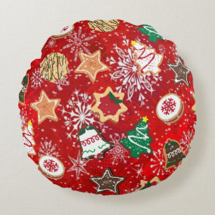 Christmas Cookies and Snowflakes on Red Round Pillow
