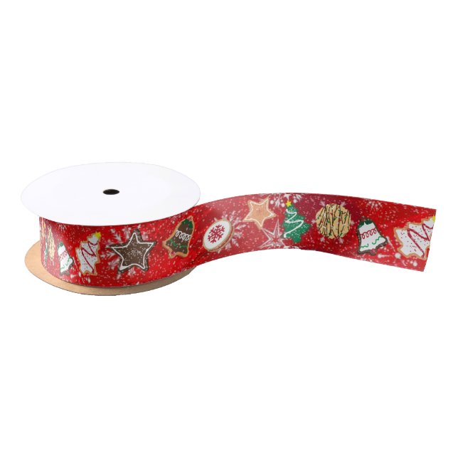 Christmas Cookies and Snowflakes on Red Satin Ribbon (Spool)
