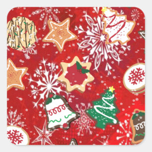 Christmas Cookies and Snowflakes on Red Square Sticker
