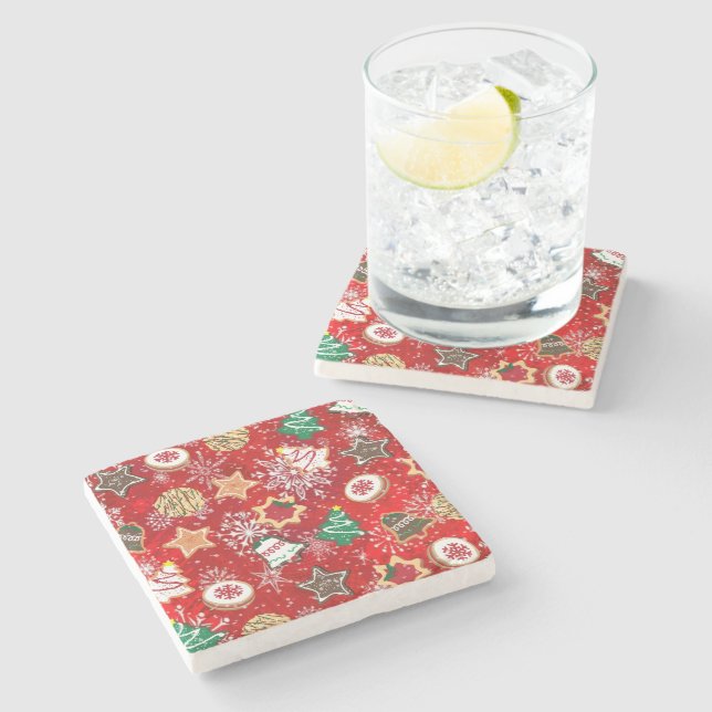 Christmas Cookies and Snowflakes on Red Stone Coaster (Side)
