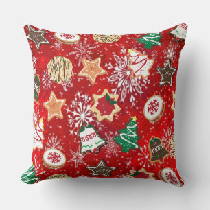 Christmas Cookies and Snowflakes on Red Throw Pillow