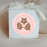 Christmas Cookies Baked with Love Pink Classic Round Sticker<br><div class="desc">Custom sticker for the bakers and cooks that like to bake/cook and gift to others, or for those who do that professionally. There is illustration of holiday cookies in the middle. There is text that goes around in circle that says "baked with love". You can customize this product by adding...</div>