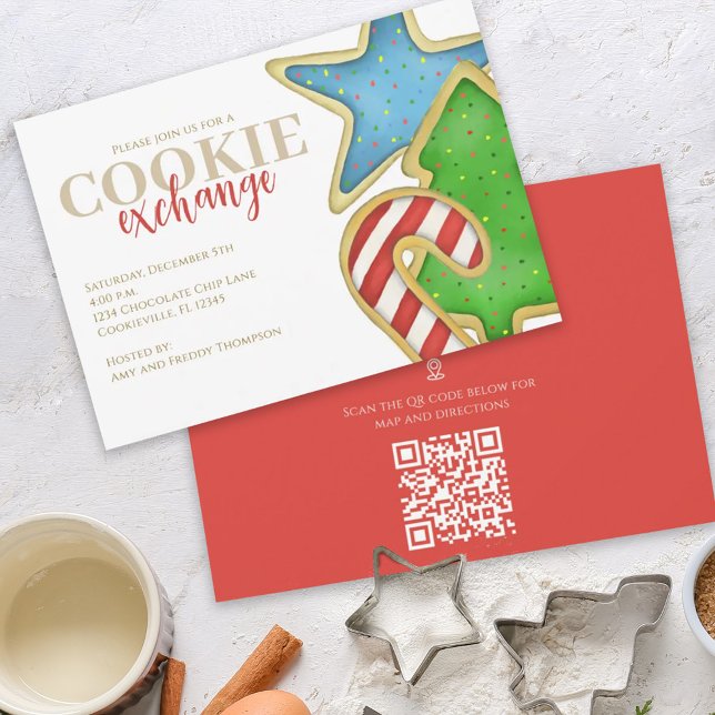 Christmas Cookies Whimsical QR Code Map Directions Invitation (Christmas whimsical colorful cookie cutout invitation with watercolor cute cookies. )