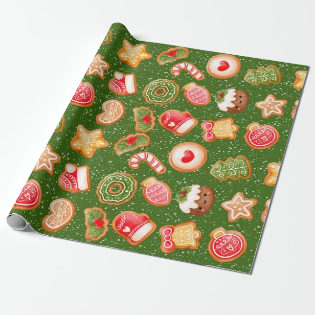 Christmas Cookies With Snow Background  Wrapping Paper (Unrolled)