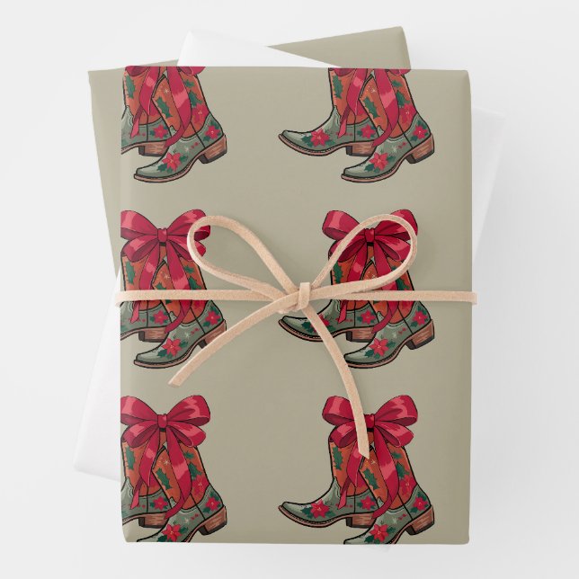 Christmas Coquette Boots Western Cowgirl Xmas Wrapping Paper Sheet (In situ)