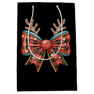 Christmas Coquette Bow Red Buffalo Plaid Reindeer Medium Gift Bag