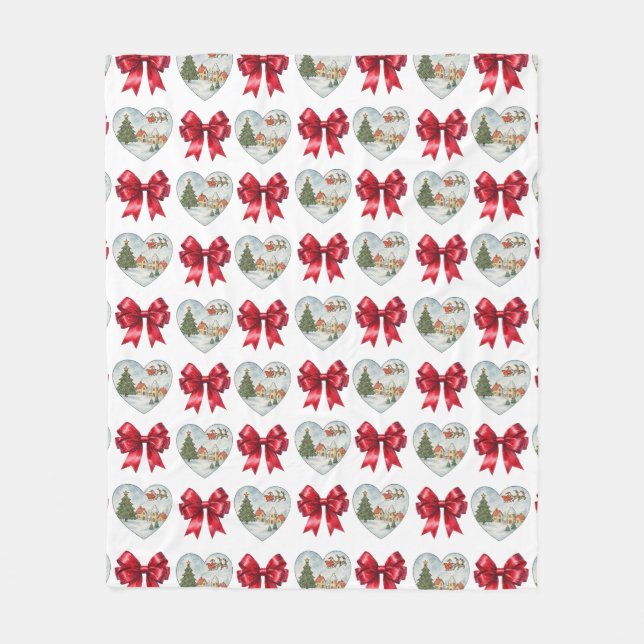 Christmas Coquette Heart and Bows Pattern Fleece Blanket (Front)