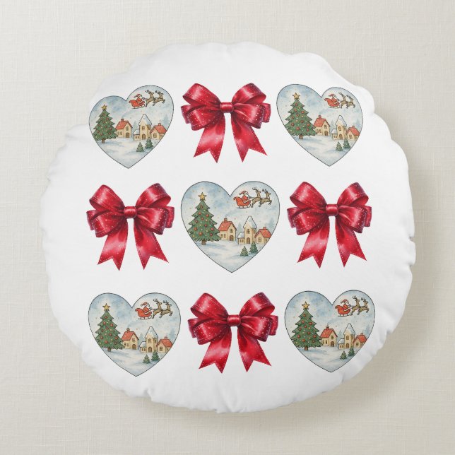 Christmas Coquette Heart and Bows Pattern Round Pillow (Front)
