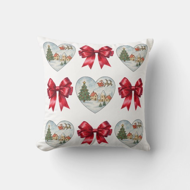 Christmas Coquette Heart and Bows Pattern Throw Pillow (Front)