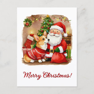 Christmas Corgi and Santa Postcard
