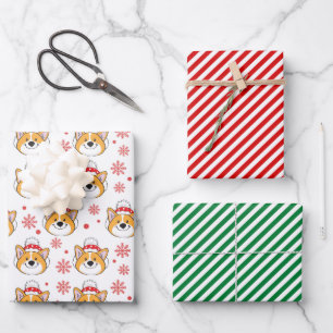 Christmas Corgi Dog and Stripes Wrapping Paper Sheet