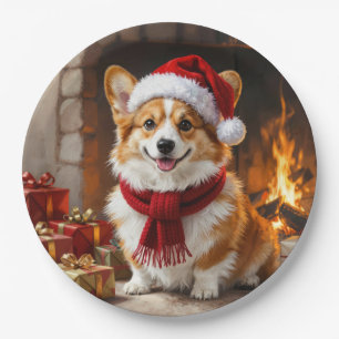 Christmas Corgi Dog by the Fireplace Paper Plate