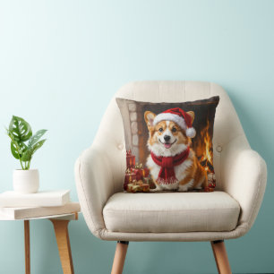 Christmas Corgi Dog by the Fireplace Throw Pillow