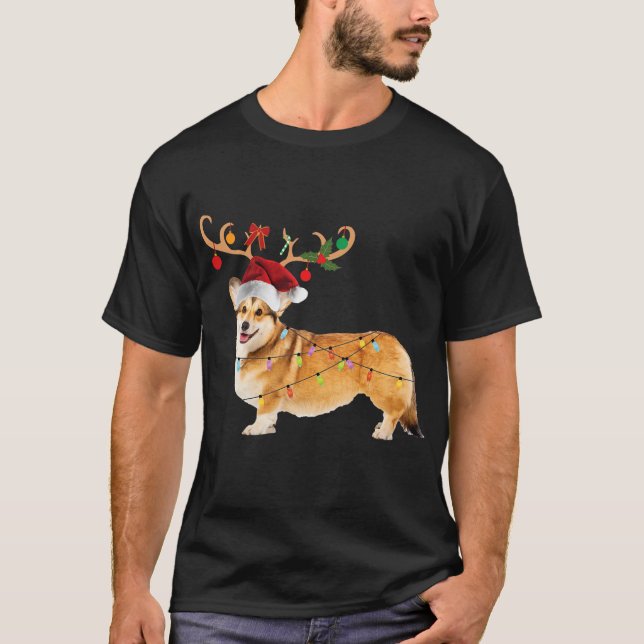 Christmas Corgi Dog Christmas Lights Santa Hat  T-Shirt (Front)