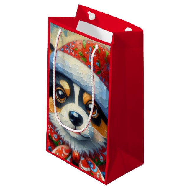 Christmas Corgi Dog Puppy w/Santa Hat Small Gift Bag (Front Angled)