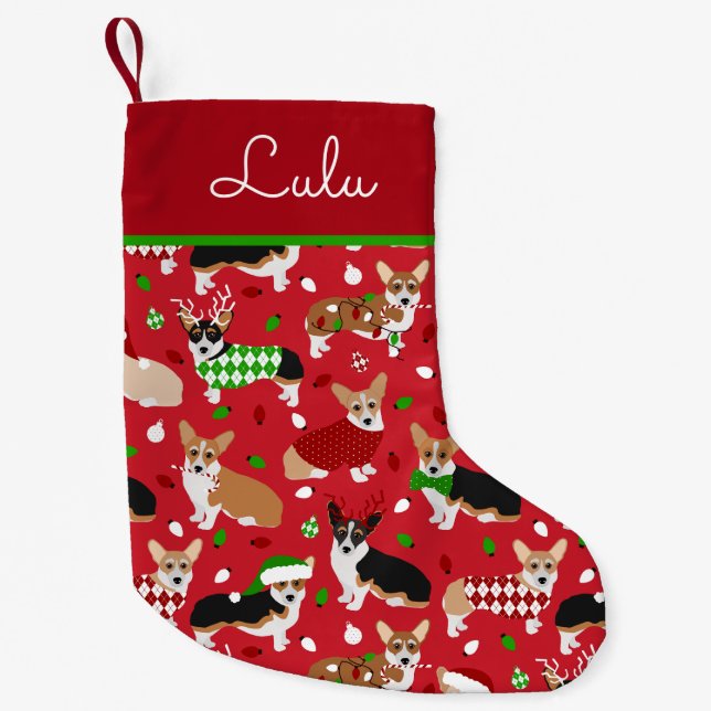 Christmas Corgi Dogs Custom Name Small Christmas Stocking (Front)