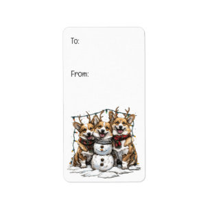 Christmas Corgi Dogs Snowman Label