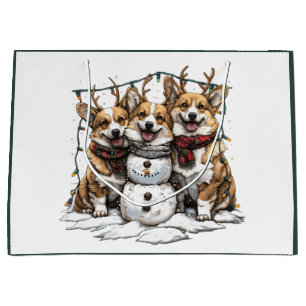 Christmas Corgi Dogs Snowman Large Gift Bag