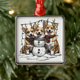 Christmas Corgi Dogs Snowman Metal Ornament