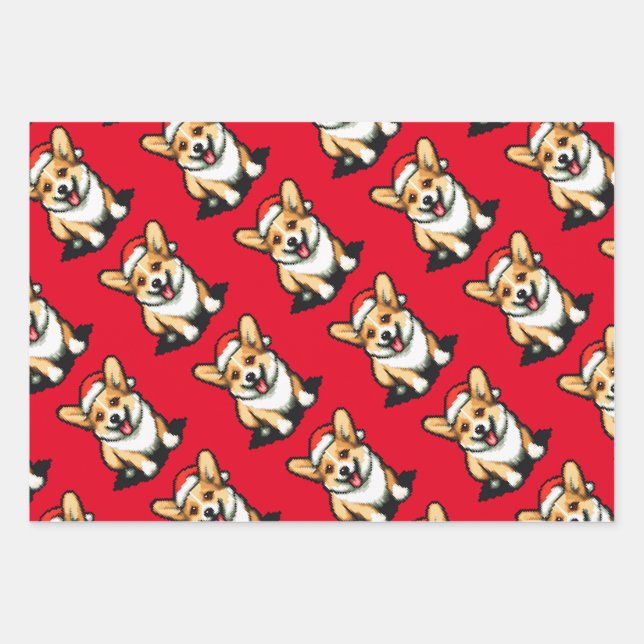 Christmas Corgi, Duck and Raccoon 3 Pixel arts Wrapping Paper Sheet (Front)