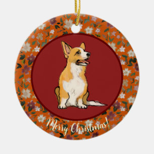 Christmas corgi floral ceramic ornament