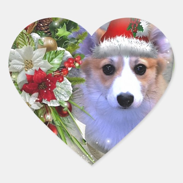 Christmas Corgi Puppy in White Frame Heart Sticker (Front)