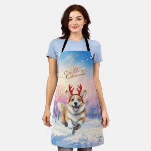 Christmas Corgi Reindeer antlers leaping in snow Apron