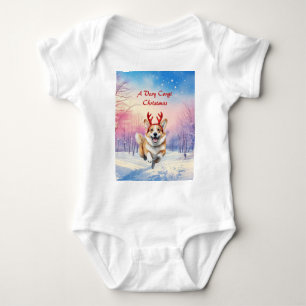Christmas Corgi Reindeer antlers leaping in snow Baby Bodysuit