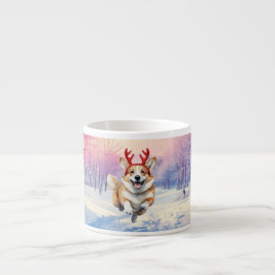 Christmas Corgi Reindeer antlers leaping in snow Espresso Cup