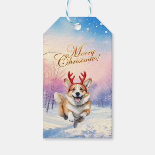 Christmas Corgi Reindeer antlers leaping in snow Gift Tags