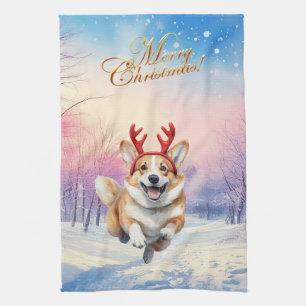 Christmas Corgi Reindeer antlers leaping in snow Kitchen Towel