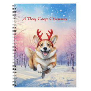 Christmas Corgi Reindeer antlers leaping in snow Notebook