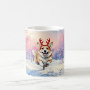 Christmas Corgi Reindeer horns snowy landscape Coffee Mug