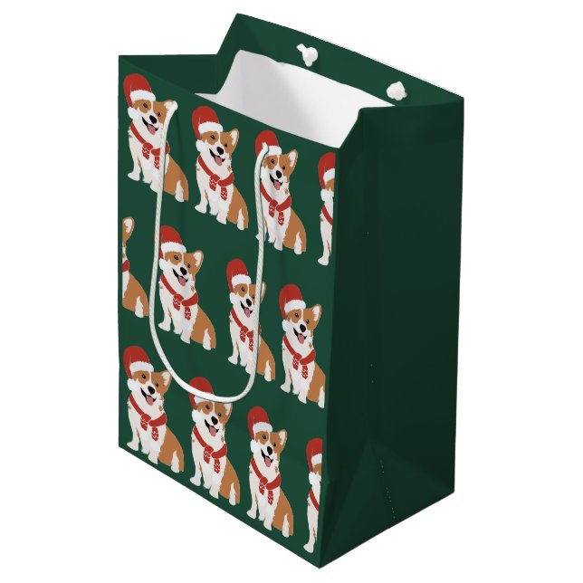 Christmas Corgi Santa Hat - Rich Evergreen Pine Medium Gift Bag (Front Angled)