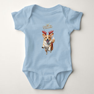Christmas Corgi with Reindeer antlers  Baby Bodysuit
