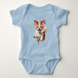 Christmas Corgi with Reindeer antlers Baby Bodysuit
