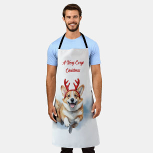 Christmas Corgi with Reindeer antlers leaping  Apron