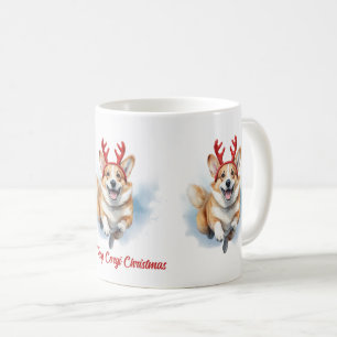 Christmas Corgi with Reindeer antlers leaping Coffee Mug