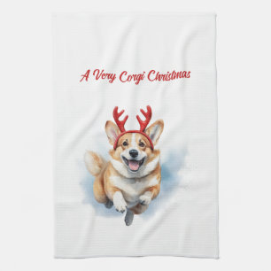 Christmas Corgi with Reindeer antlers leaping Kitchen Towel