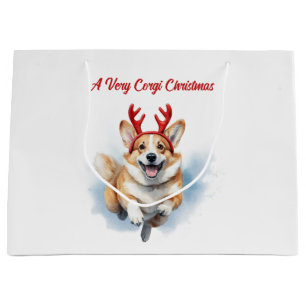 Christmas Corgi with Reindeer antlers leaping Large Gift Bag