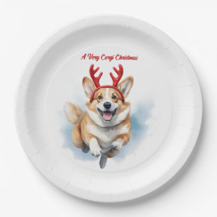 Christmas Corgi with Reindeer antlers leaping  Paper Plate
