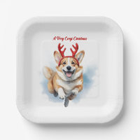 Christmas Corgi with Reindeer antlers leaping 