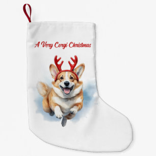 Christmas Corgi with Reindeer antlers leaping Small Christmas Stocking