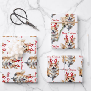 Christmas Corgi with Reindeer antlers  Wrapping Paper Sheet