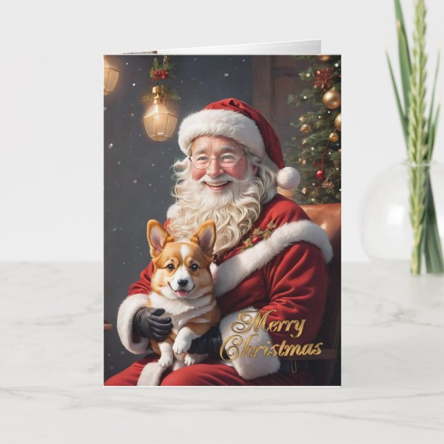 Christmas Corgi with Santa Holiday Card (Front)