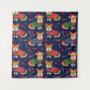 Christmas Corgis: Festive Vintage Illustration. Tapestry